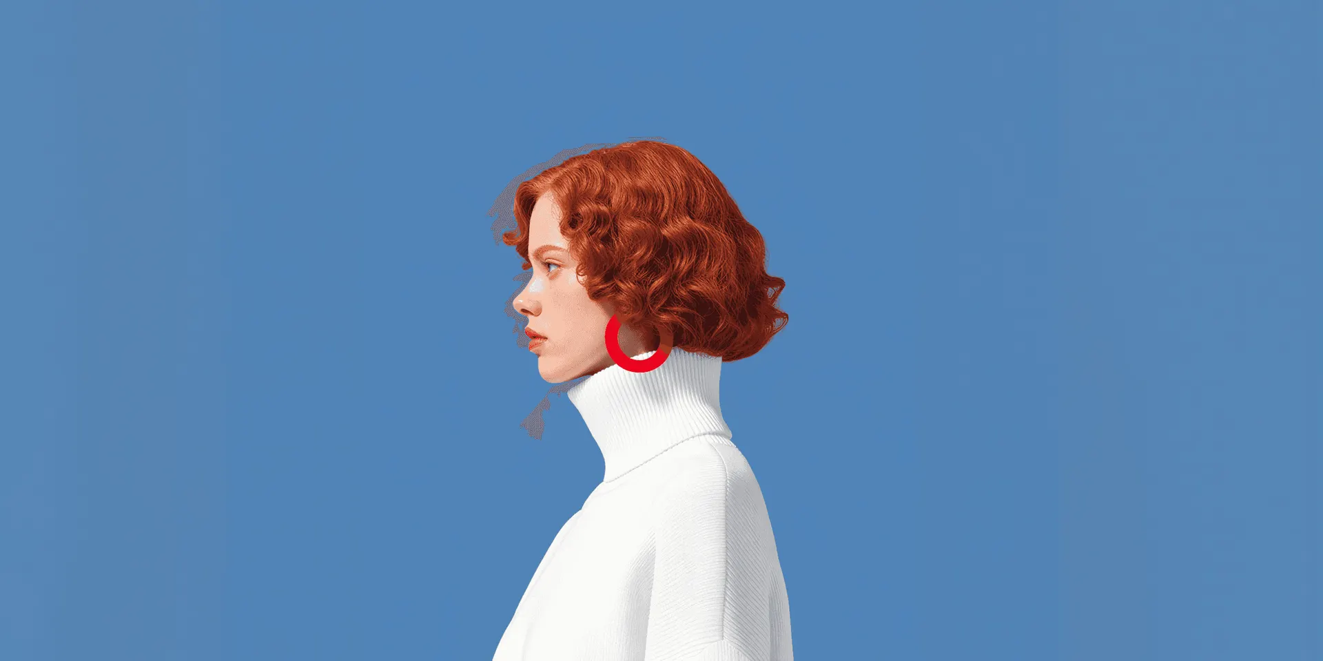 Woman in profile wearing a white turtleneck and red hoop earring against a blue background